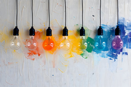 Colored light bulbs on white wooden background. Creative idea concept.の素材