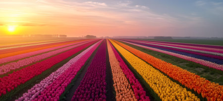 Tulip fields in the Netherlands at sunrise, panoramic viewの素材
