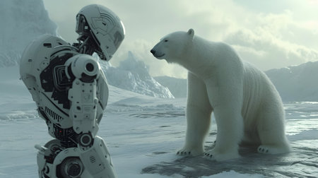 3d rendering of an astronaut and a polar bear on the iceの素材
