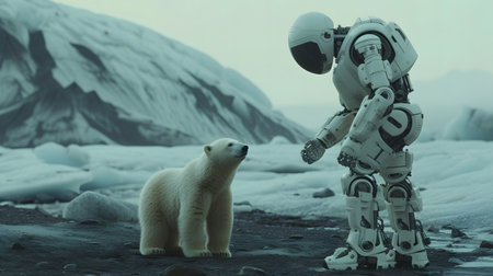 Astronaut and polar bear on the ice. 3d renderingの素材