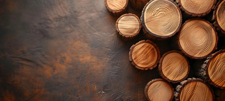 Wooden saucers on a brown background. Copyspace.の素材