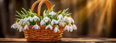 Bouquet of snowdrops in a basket on a wooden table.の素材