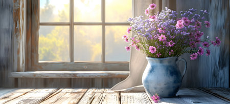 Bouquet of pink and purple flowers in a vase on the windowsillの素材