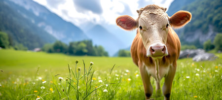 Cow on a meadow in the Swiss Alps. Close up.の素材