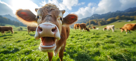 Cows graze in a meadow on the background of mountainsの素材