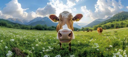 Cows grazing in the meadow on the background of the mountainsの素材