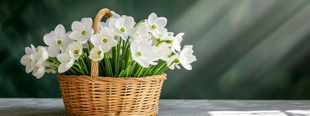 Bouquet of white snowdrops in a wicker basket on a green backgroundの素材
