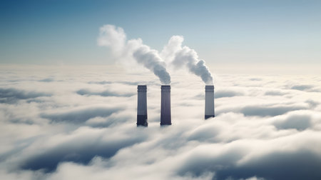 Cooling towers in the clouds. 3D rendering. Conceptual imageの素材