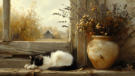 Black and white cat lying on the windowsill next to a vase with dry flowersの素材