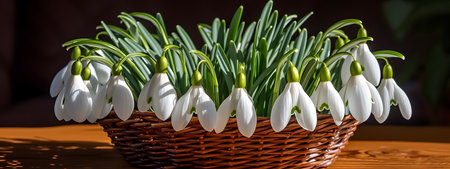 Bouquet of snowdrops in a basket on a wooden tableの素材