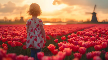 Little girl in tulip field at sunset, Holland, Netherlands.の素材