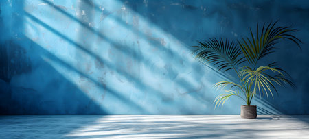 3D rendering of a bright room with a blue wall and plantsの素材