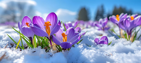 Spring crocus flowers in the snow, panoramic banner.の素材