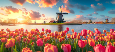 Panorama of tulips and windmills at sunset in Zaanse Schans, Netherlandsの素材
