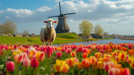 Sheep and tulips in a Dutch windmill in springtimeの素材