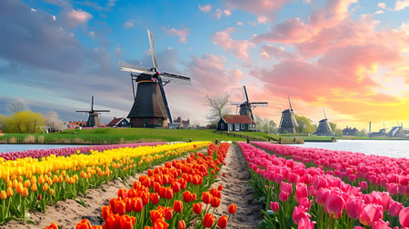 Colorful tulips in the Netherlands at sunset with windmillsの素材