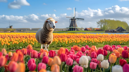 Sheep standing in a tulip field near a windmill in Hollandの素材
