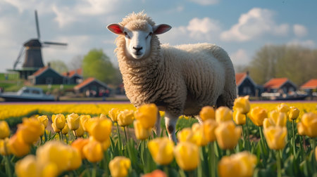 Sheep in a tulip field in springtime in the Netherlandsの素材