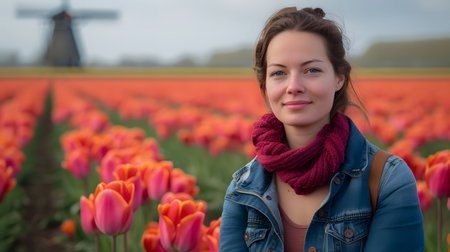 Beautiful young woman in tulip field in Holland, Netherlands.の素材