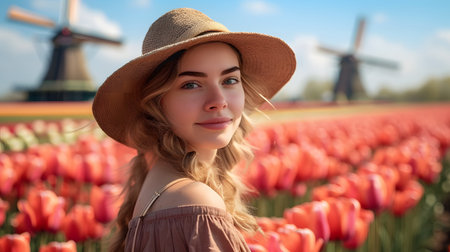 Beautiful young woman in a hat among tulips in the Netherlandsの素材