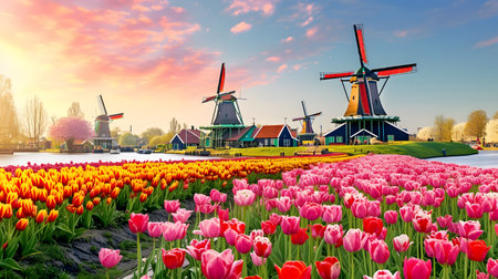 Colorful tulips and windmills in Zaanse Schans, Netherlandsの素材