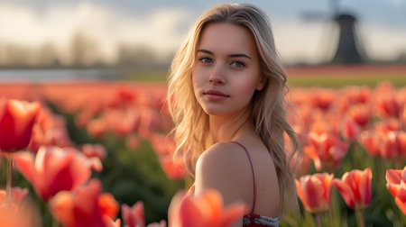 Beautiful young woman in tulip field, Netherlands, Europe.の素材