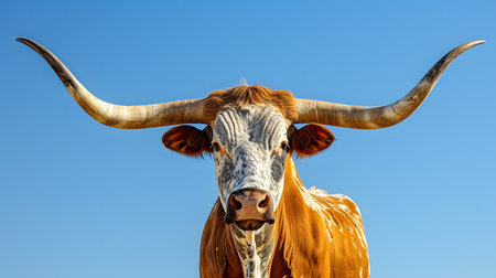 Portrait of a cow with horns on a background of blue skyの素材