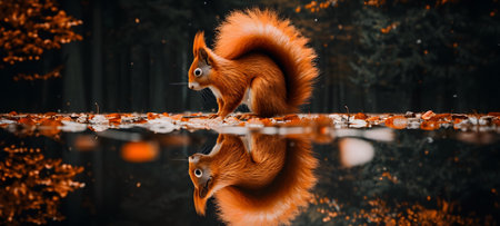 Red squirrel in the autumn forest. 3d rendering. Funny animal.の素材