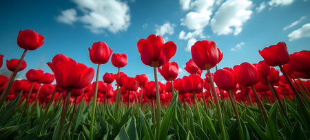 Field of red tulips with blue sky and clouds in the backgroundの素材