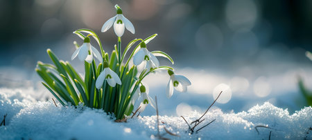 Beautiful snowdrop flowers growing in the snow in early spring.の素材