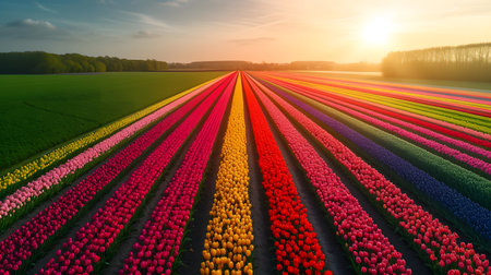 Colorful tulips blooming in the field at sunset in Hollandの素材