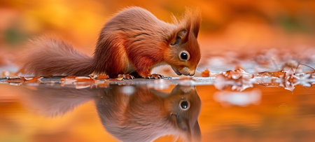 Red squirrel in autumn forest with reflection in water, close-upの素材