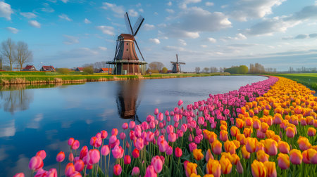 Panoramic view of tulips and windmills in the Netherlandsの素材