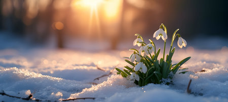 Beautiful snowdrop flowers growing in the snow at sunset. Early spring.の素材