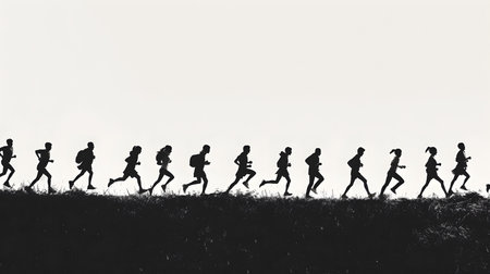 Group of people running in the countryside. Conceptual image.の素材