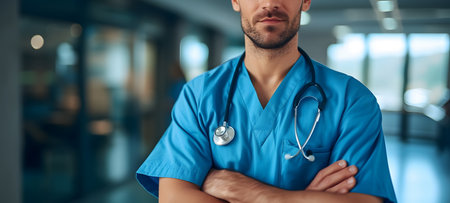 Portrait of confident male doctor standing with arms crossed in hospital corridorの素材