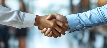 Business people shaking hands, finishing up a meeting, close-upの素材