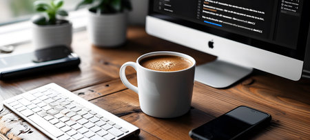 Coffee cup and computer on the wooden table, stock photoの素材
