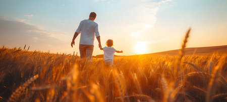 Happy father and son in wheat field at sunset. Concept of friendly family.の素材