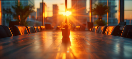 Empty conference room with glass table and chairs at sunrise. 3d renderingの素材