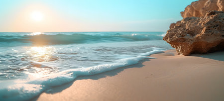 Beautiful seascape at sunset. Seascape with a view of the sandy beach and the sea.の素材