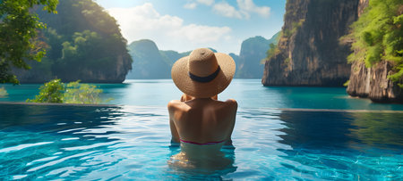 Woman in swimsuit and hat relaxing in infinity pool at sunny dayの素材