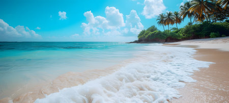 Panorama of beautiful tropical beach with turquoise water and palm treesの素材