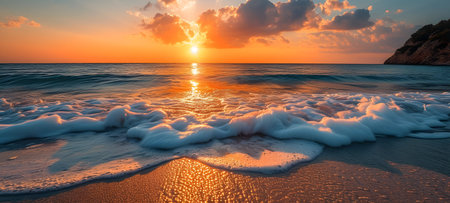 Beautiful sunset over the sea. Panoramic view of the beach.の素材