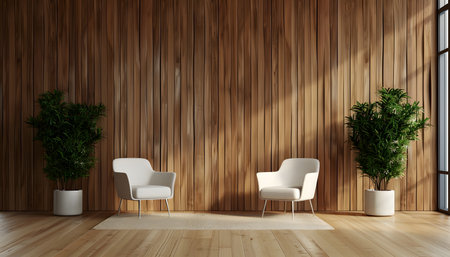 Interior of modern living room with white armchairs 3D renderingの素材