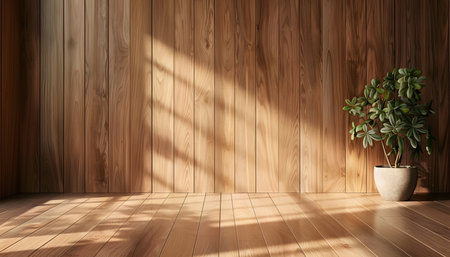 Wooden room with a plant in a pot. 3d renderingの素材