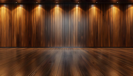 Wooden wall and floor with spotlights in dark room. 3D renderingの素材