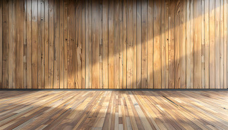 Wooden wall and floor with sunlight. 3d render illustration.の素材