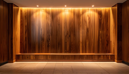 Wooden wall with spotlights in a modern room. 3d renderingの素材