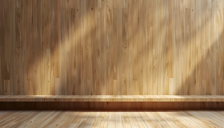 Empty wooden room with light and shadow on the wall. 3d renderingの素材